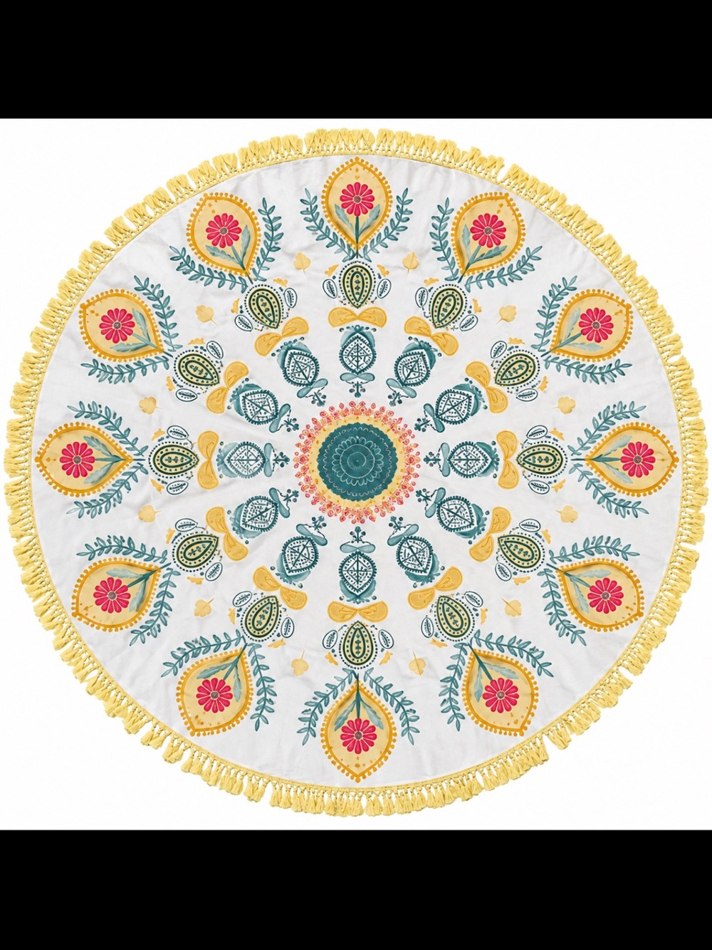 Gypsy 05 Round Floral Tassel Tapestry in White, Yellow, Green, Pink